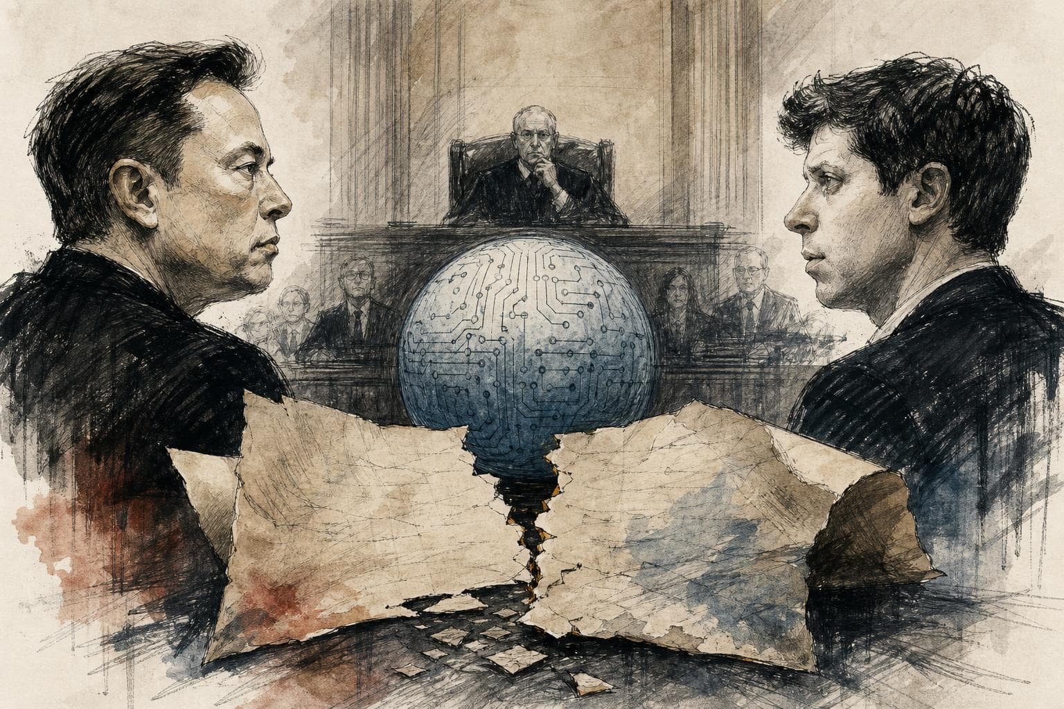 Editorial illustration for The Musk-Altman Trial Is Really About AI’s Missing Constitution