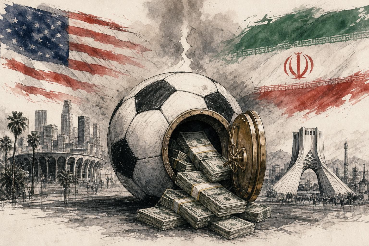 Editorial illustration for Iran at the World Cup Proves Sports Diplomacy Is Dead. The $13 Billion Check Cleared Instead.