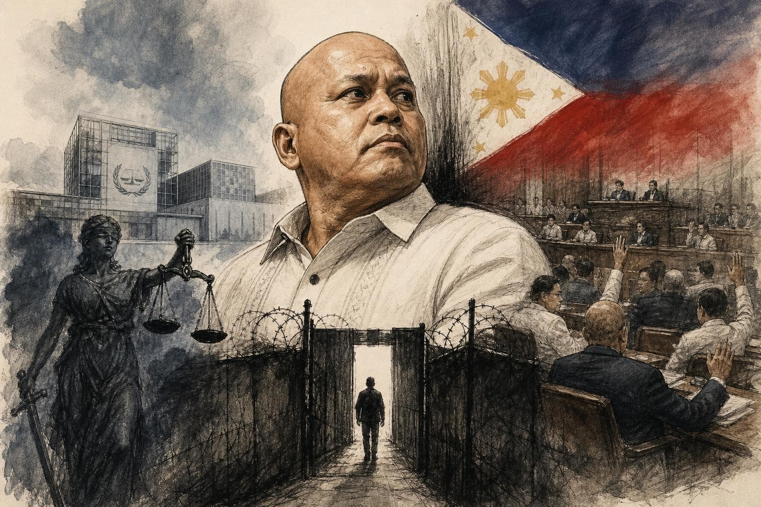 Editorial illustration for Dela Rosa’s Senate Sanctuary Is the ICC’s Hardest Test