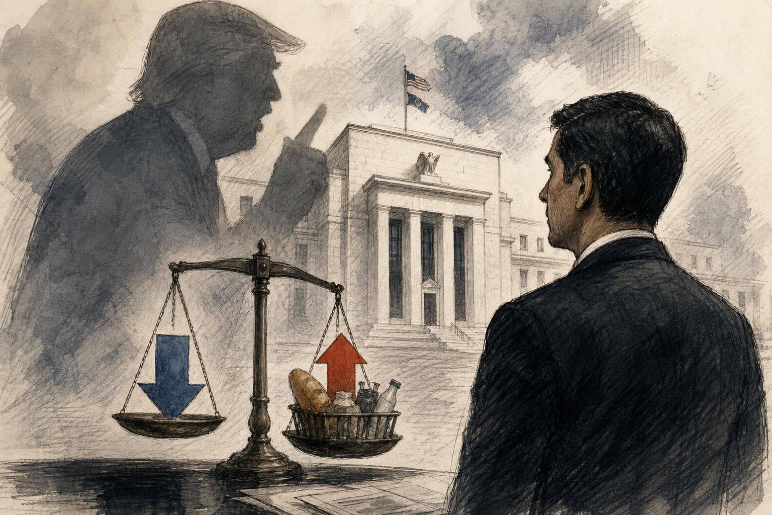 Editorial illustration for Warsh Can Talk About Cuts. He Cannot Make One Yet.