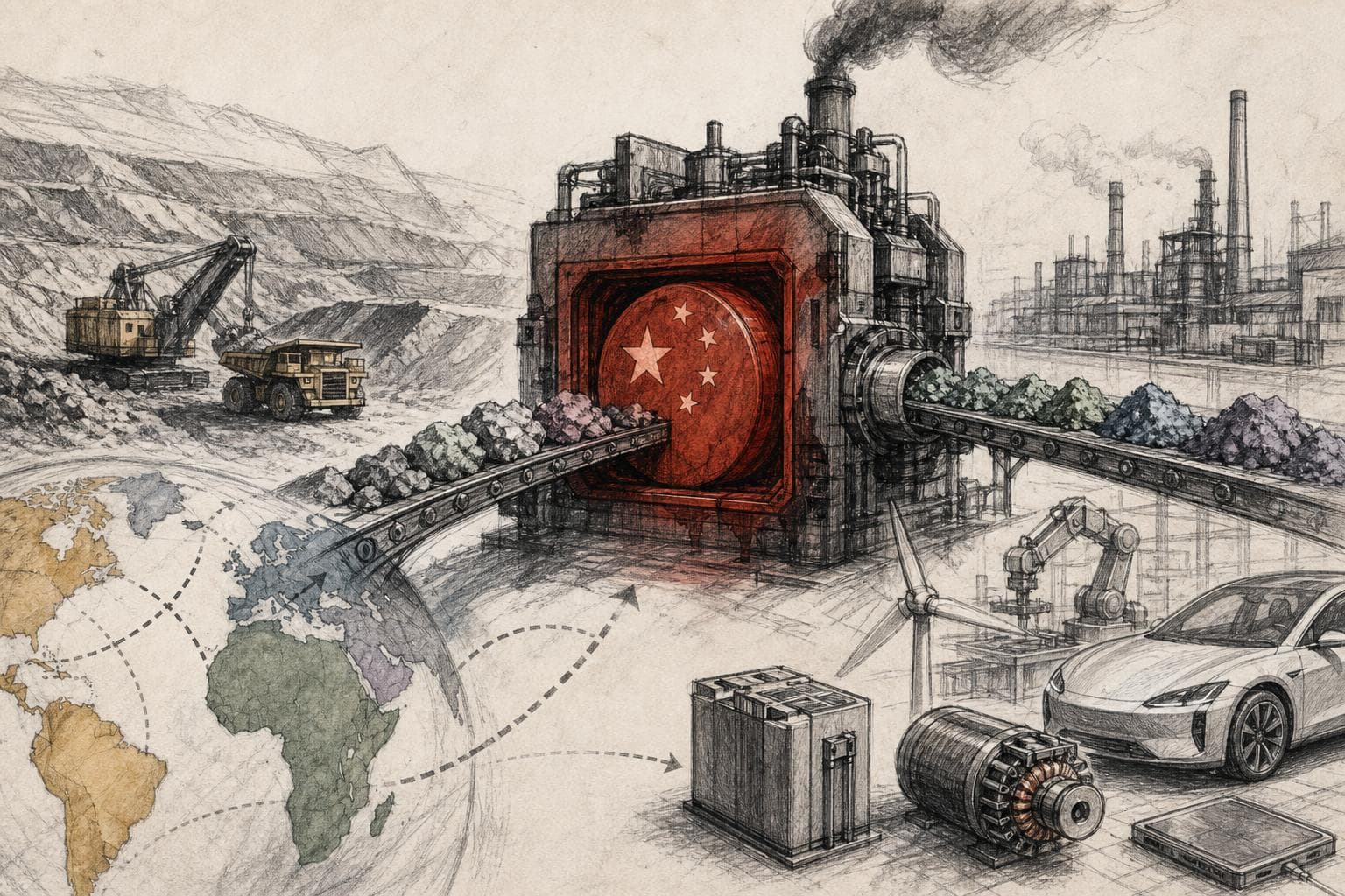 Editorial illustration for The West Is Still Mining Around China’s Mineral Chokepoint