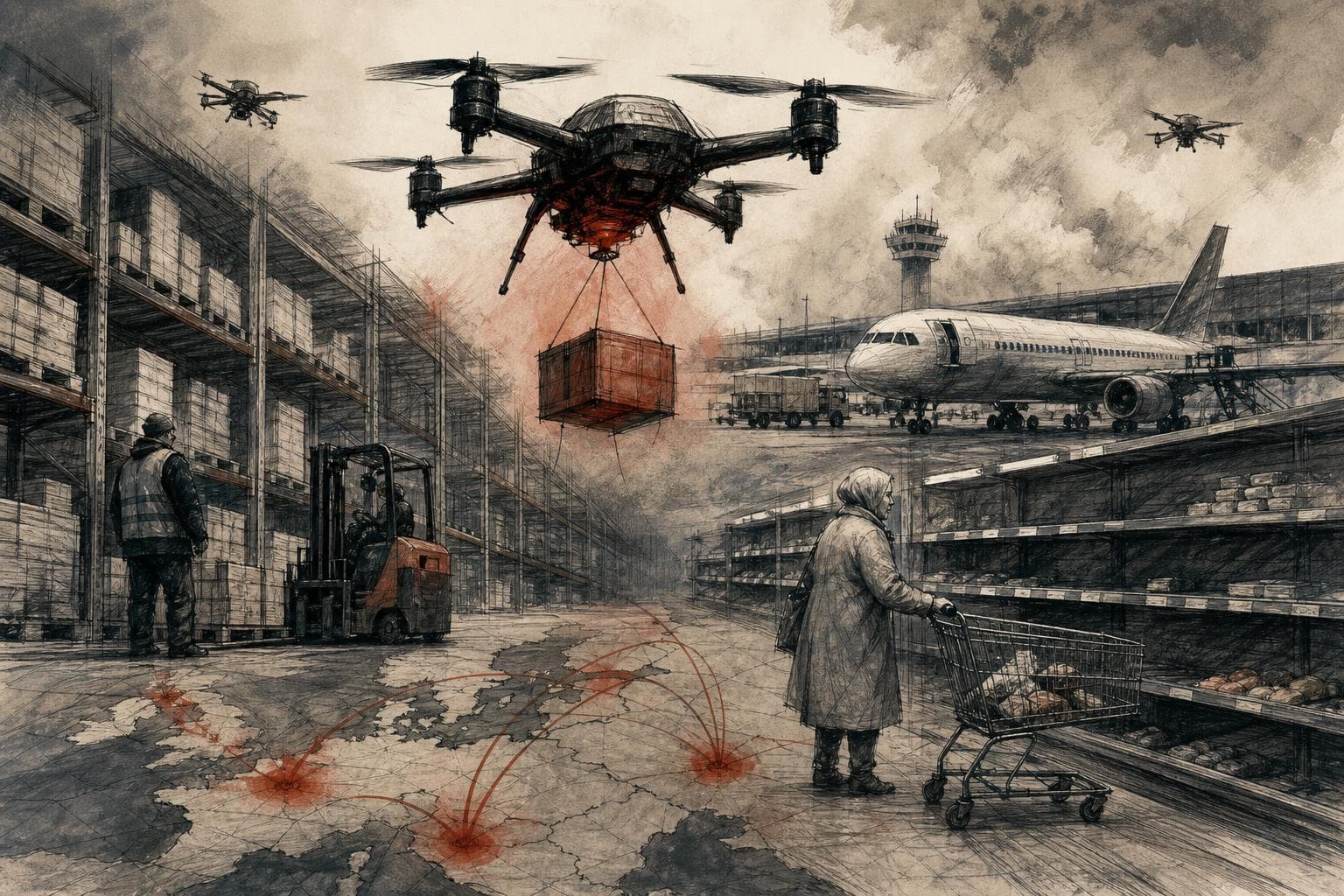 Editorial illustration for The Drone War Has Moved to the Warehouse, the Airport, and the Grocery Aisle