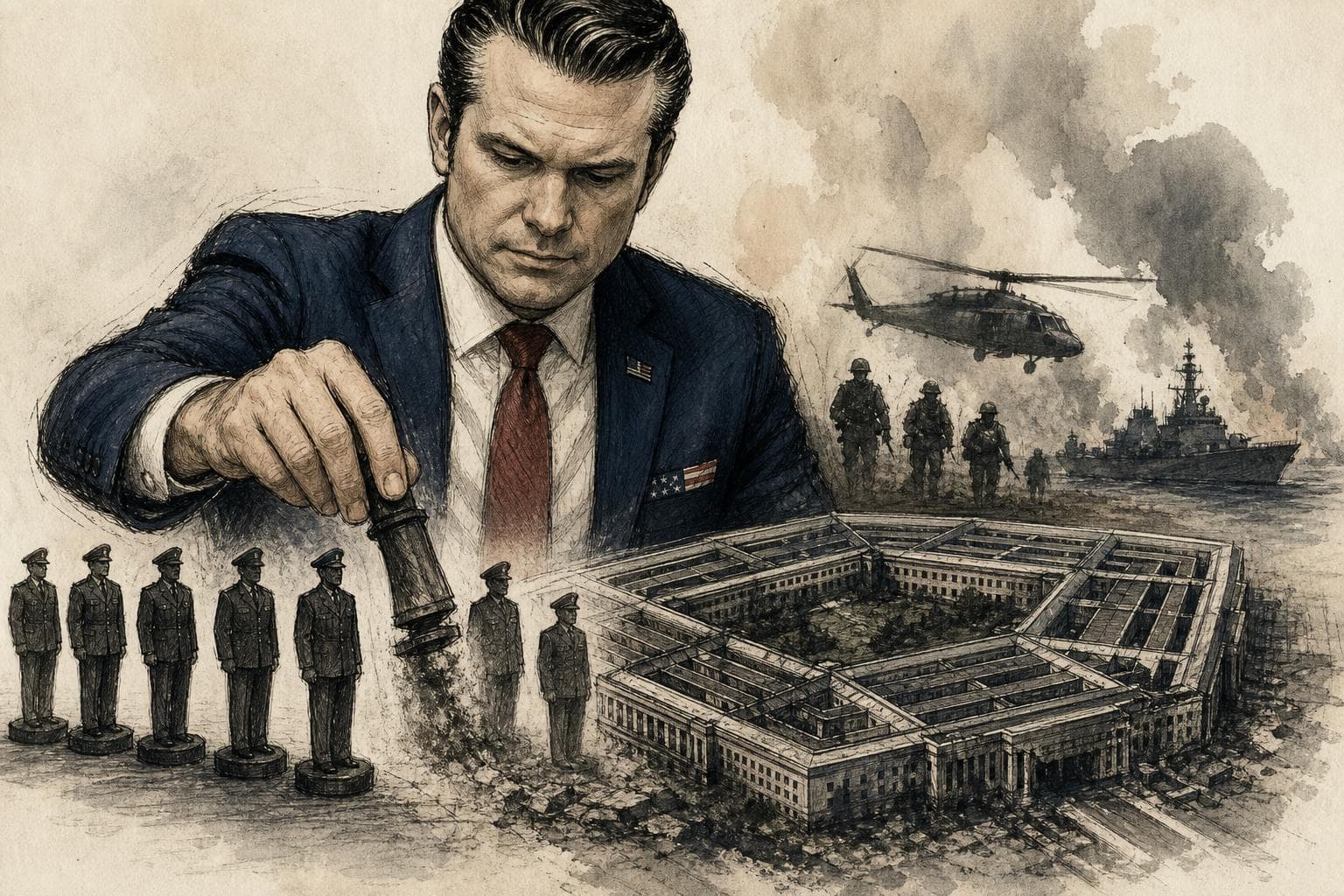 Editorial illustration for Hegseth Hasn't Lost the Pentagon. He Is Spending It Down.