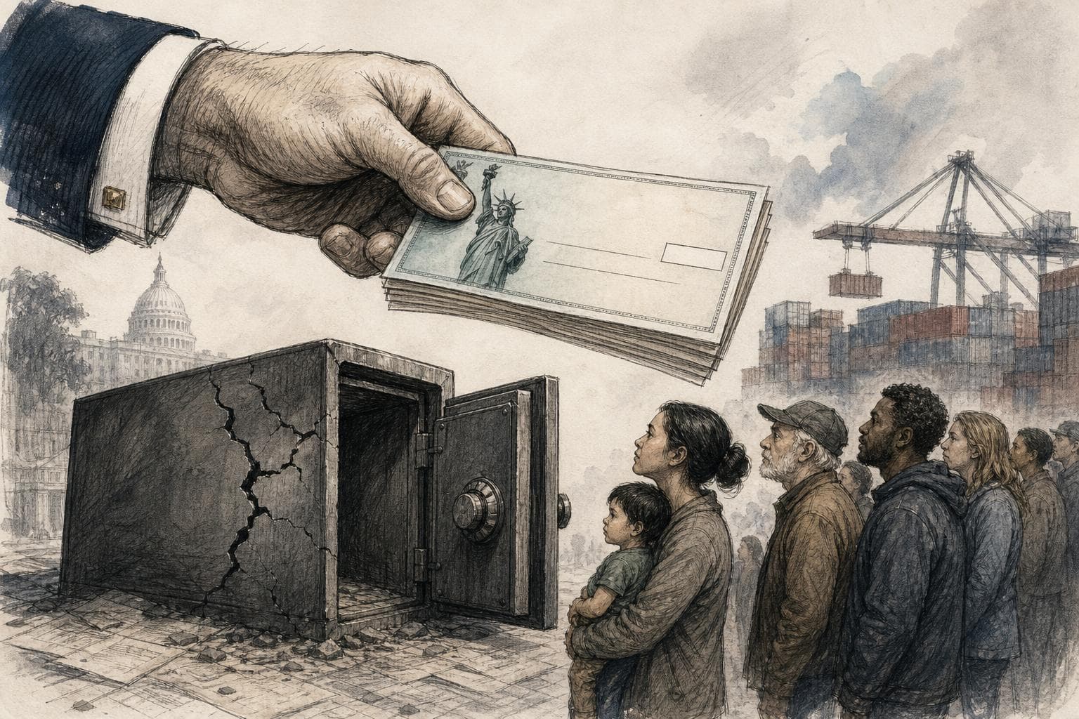 Editorial illustration for Trump’s $5,000 Dividend Needs a Budget, Not a Windfall Story