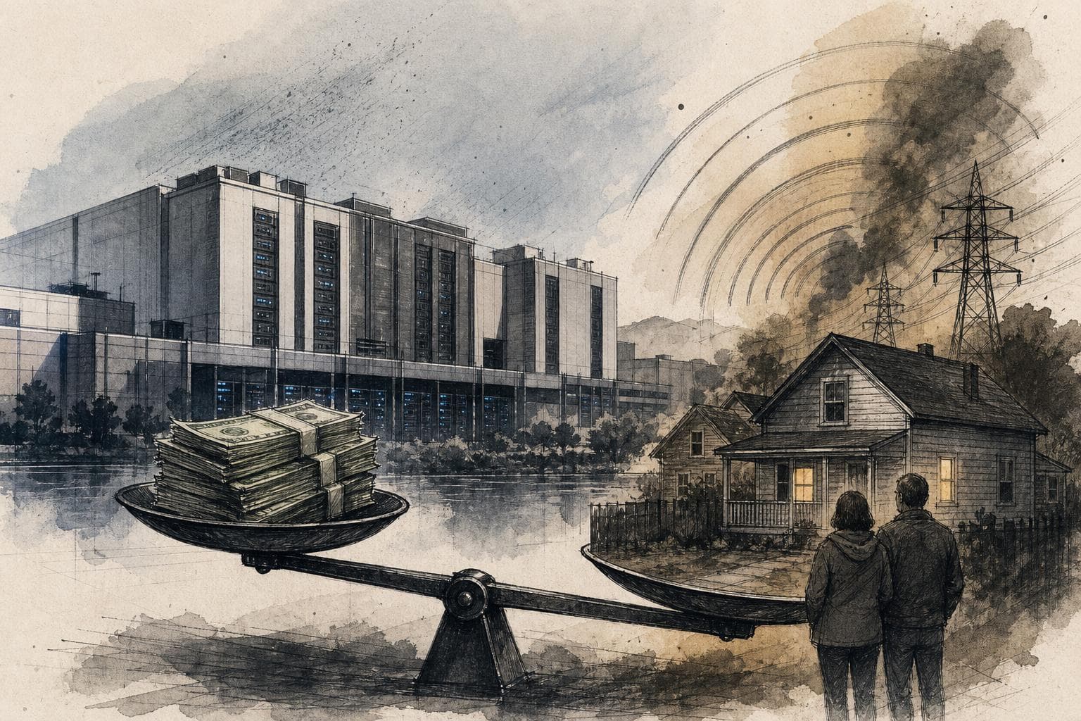 Editorial illustration for A Data Center’s Tax Windfall Can Leave Neighbors Paying