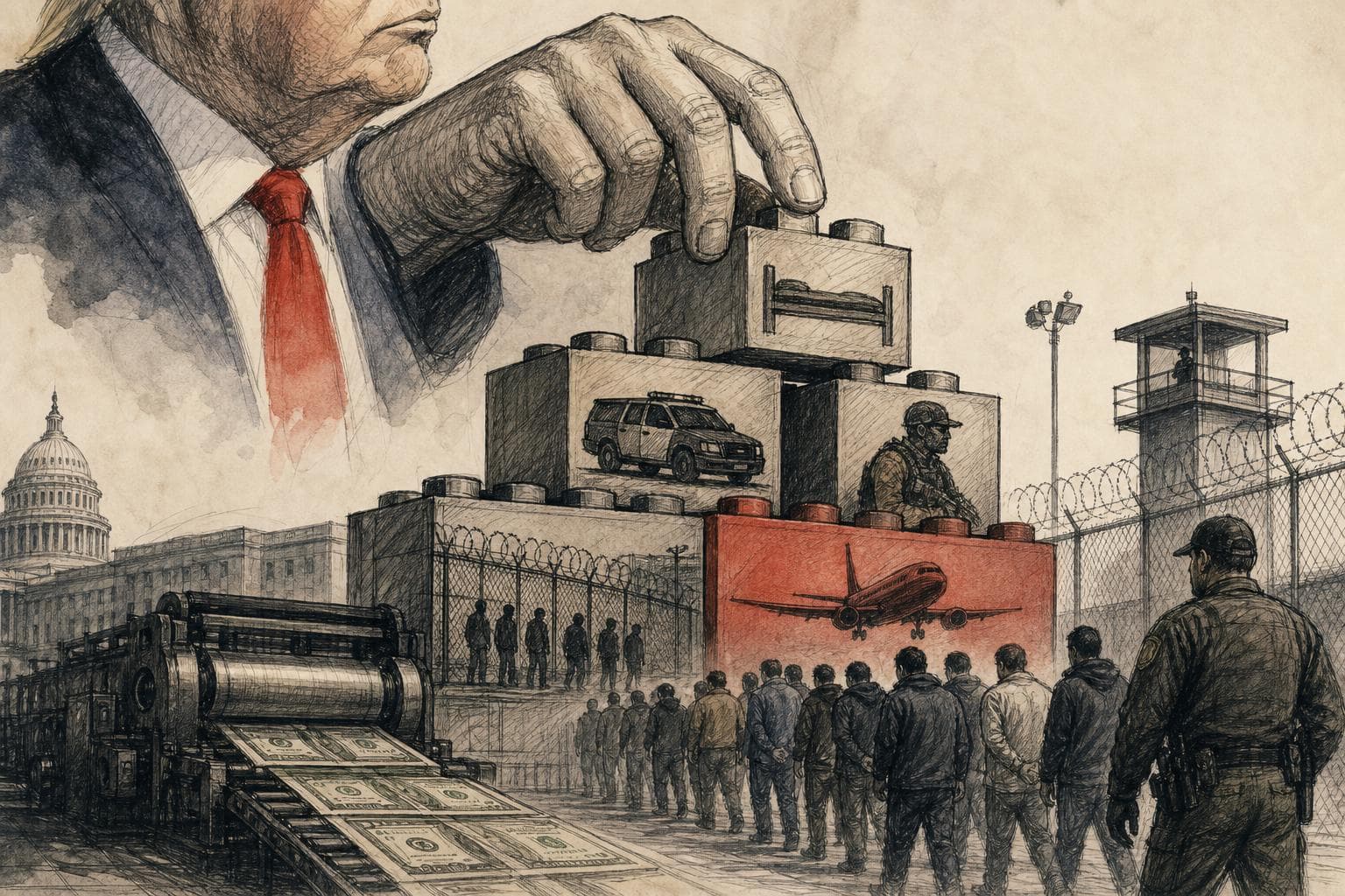Editorial illustration for Trump’s Deportation Machine Is Being Built Through Budgets, Beds and Deputies