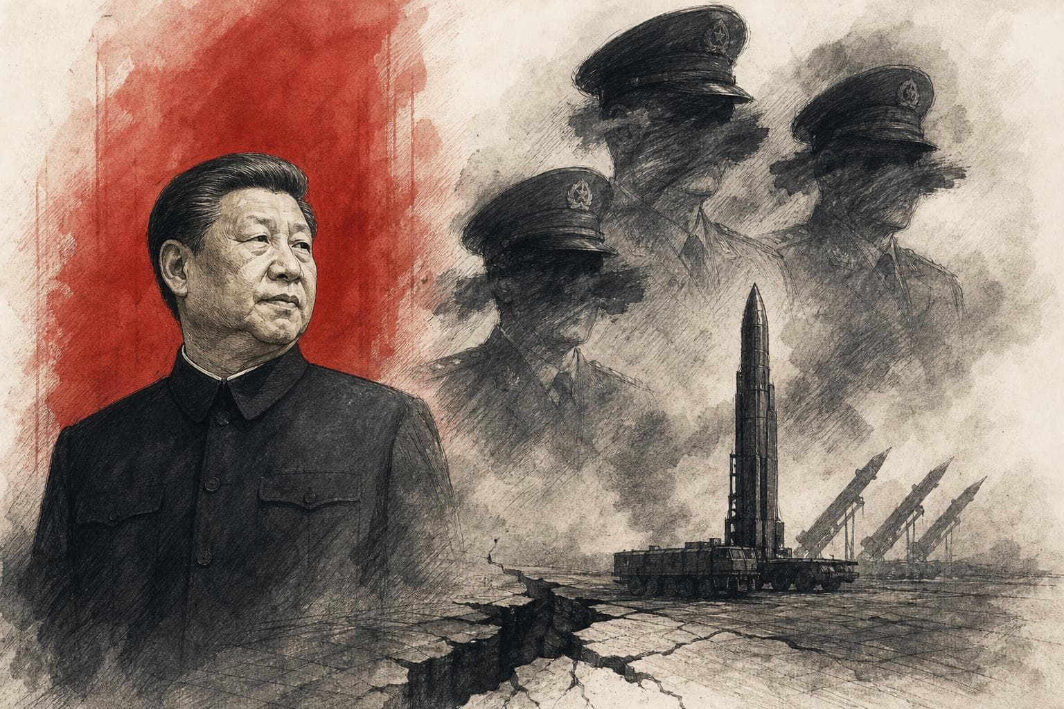 Editorial illustration for Xi Can Purge His Generals, But He Cannot Purge Doubt