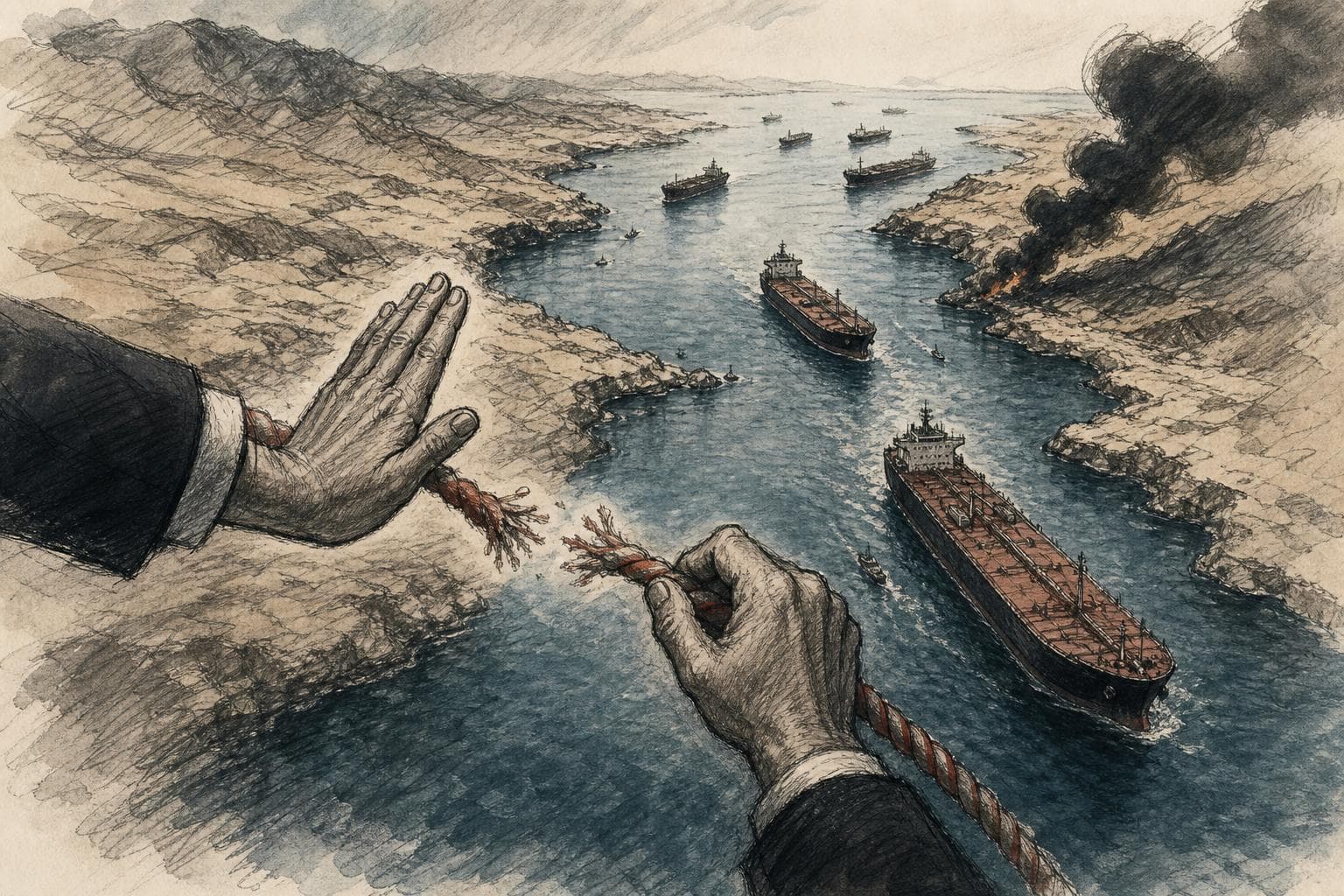 Editorial illustration for The US and Iran Can Stop the Shooting. They Can't Reopen Hormuz.