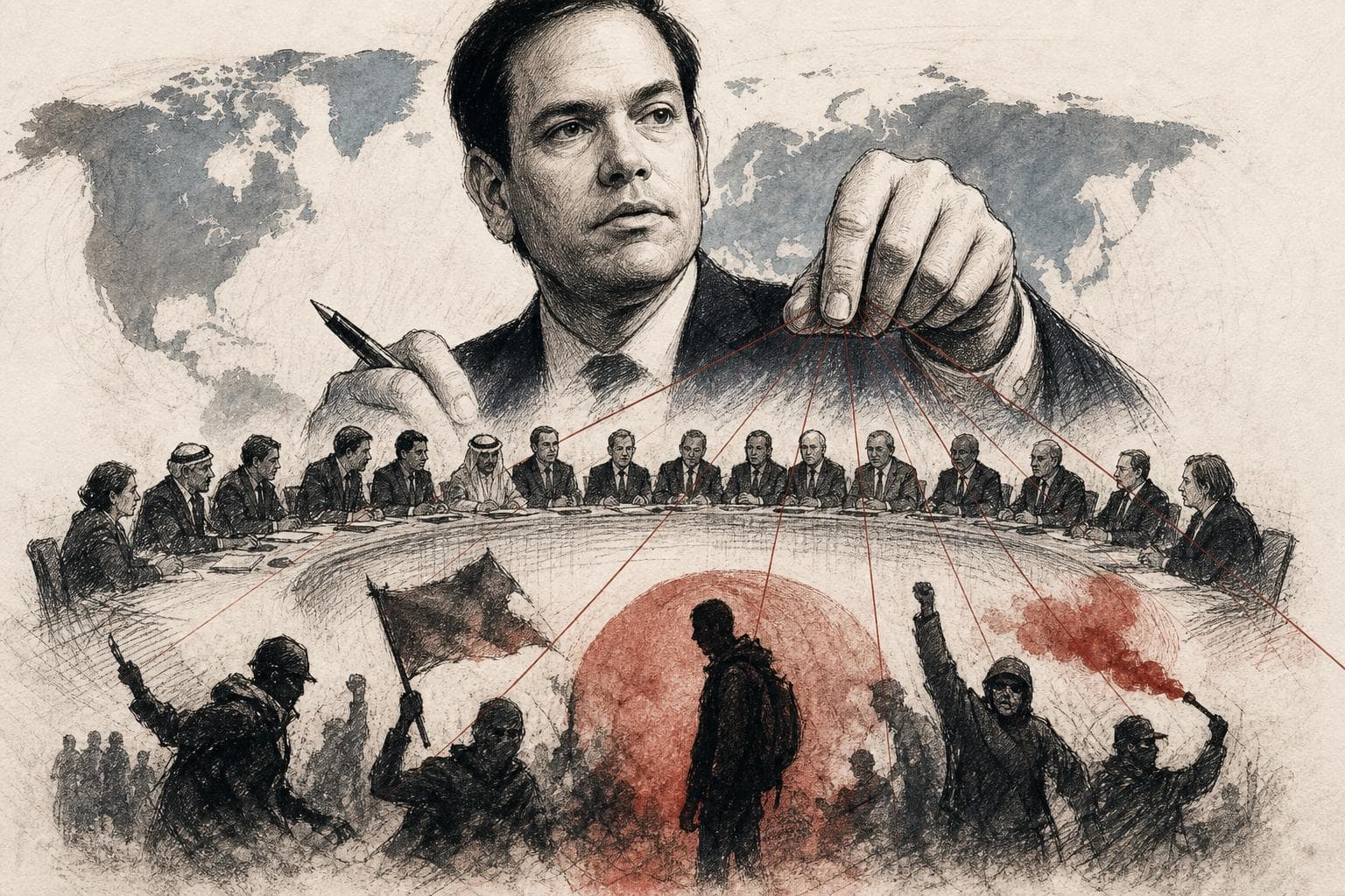Editorial illustration for Rubio Built a Global Coalition Against an Enemy He Won't Define