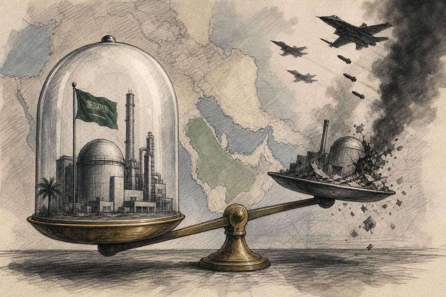 Editorial illustration for The Saudi Nuclear Deal Turns a Regional Rule Into a Price