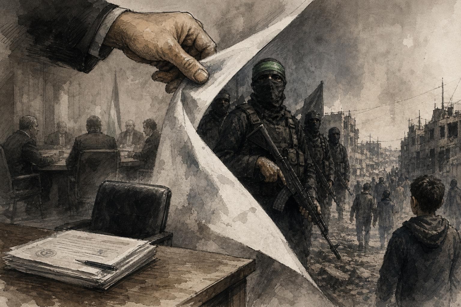 Editorial illustration for In Gaza, Hamas Just Resigned From a Government It Still Runs