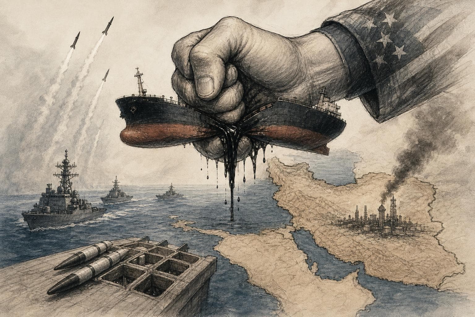 Editorial illustration for America's 'Indefinite' Iran Blockade Has About One Squeeze Left in It