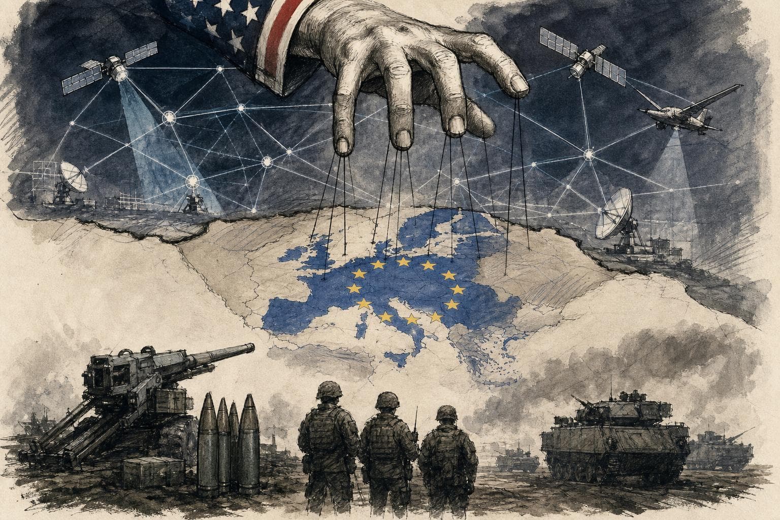Editorial illustration for Europe Can Replace Shells, Not America’s Military Nervous System