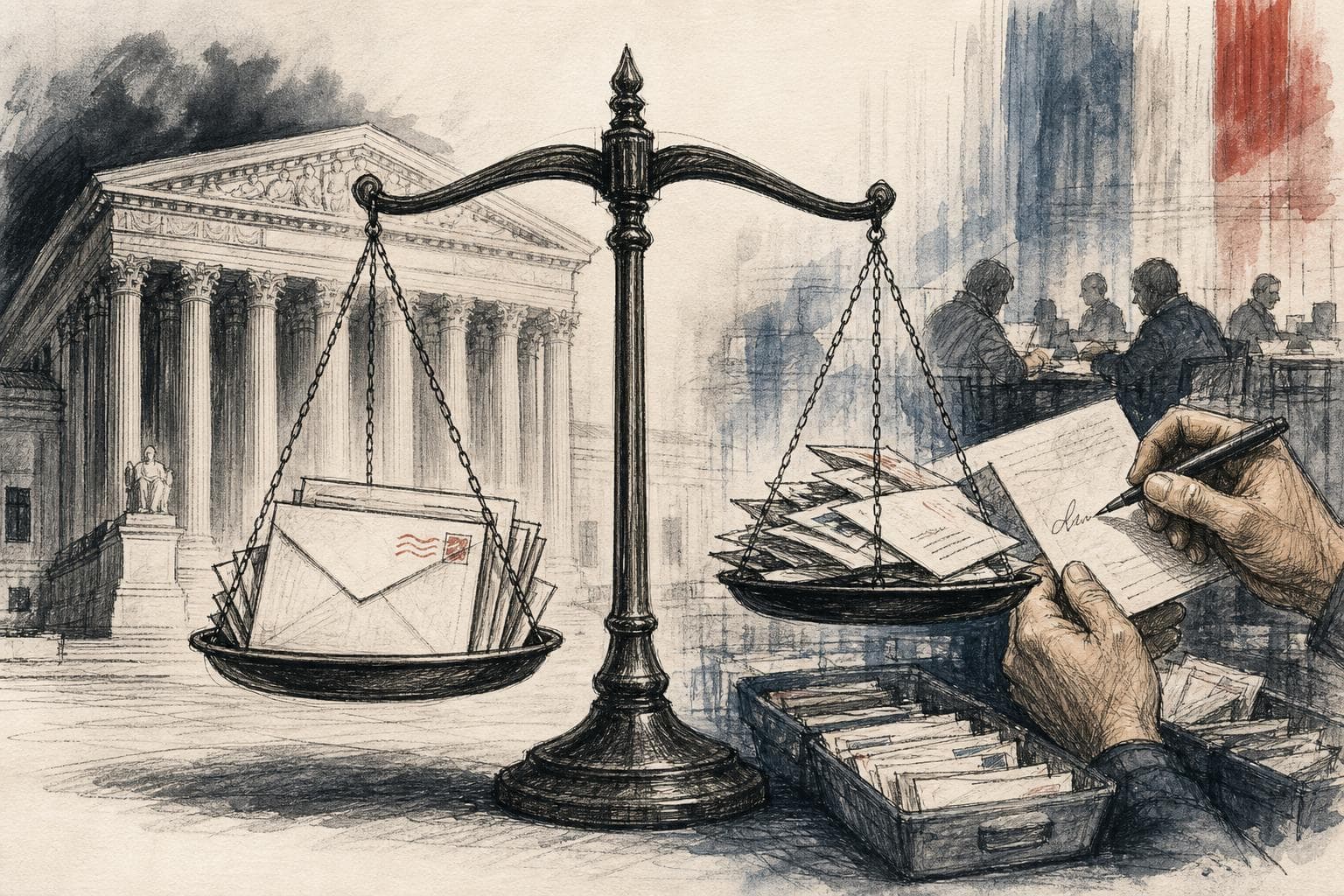 Editorial illustration for The Court Protected Mail Voting. Counting Still Depends on State Rules