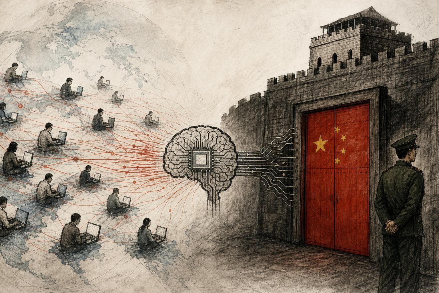 Editorial illustration for China's AI Models Won the World. Now Beijing Is Building the Vault.