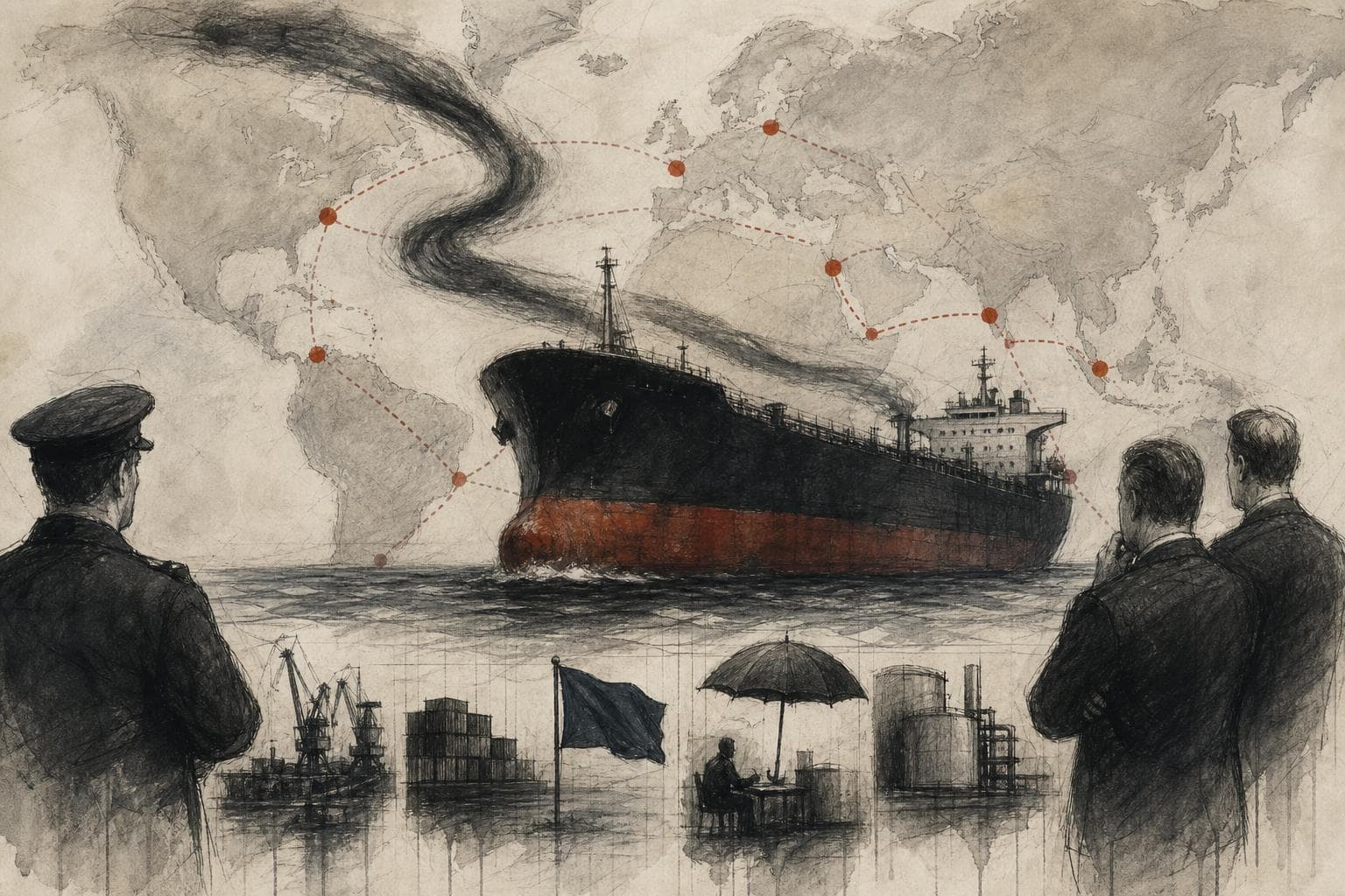 Editorial illustration for Russia’s Shadow Fleet Has Turned Sanctions Into a Port Test
