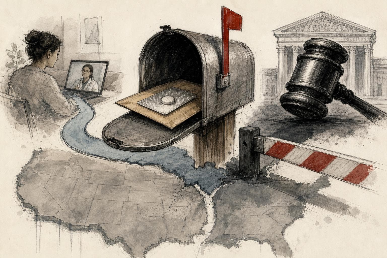 Editorial illustration for The Abortion Fight Has Moved From Clinics to Mailboxes