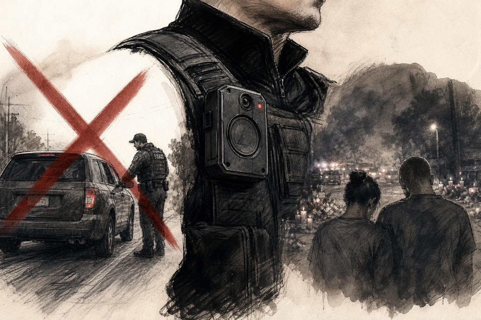 Editorial illustration for ICE's Vehicle-Stop Pause Is Optics. The Body Cameras Might Not Be.
