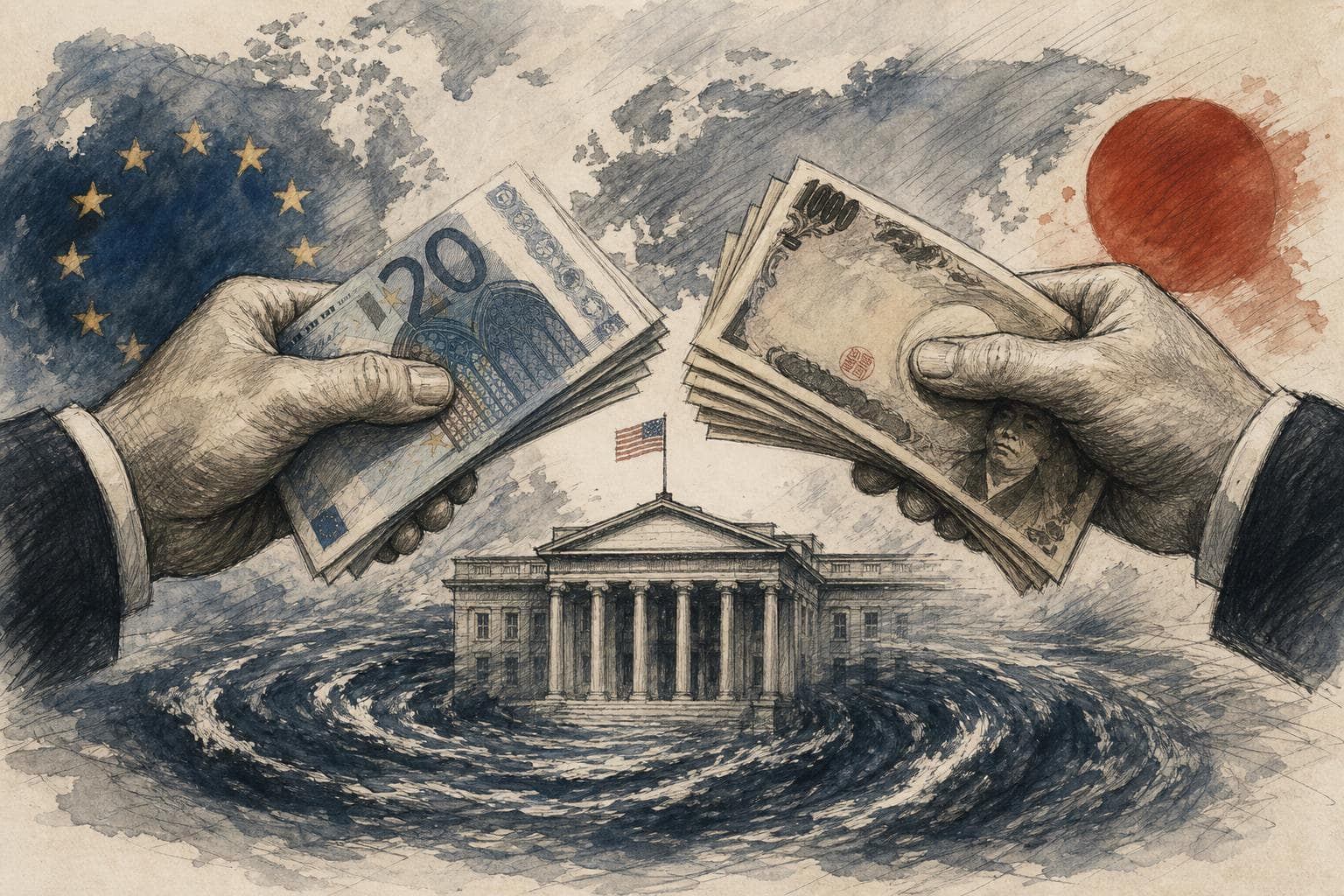 Editorial illustration for Washington Bought Yen With Euros. That Detail Answers the Plaza Question.