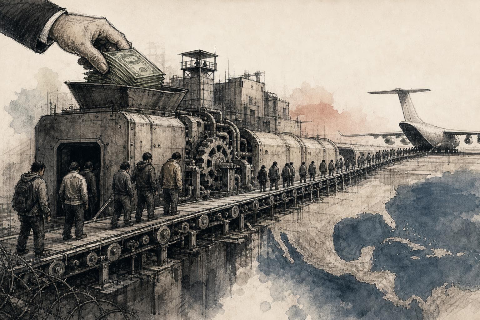 Editorial illustration for The Deportation Machine Is Being Built Faster Than Its Brakes