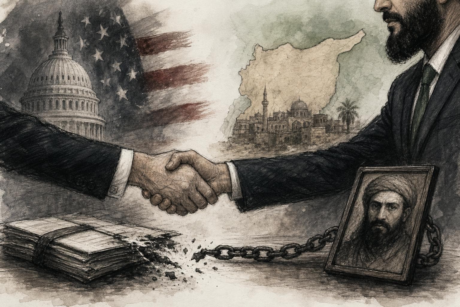 Editorial illustration for What Washington Actually Bought When It Delisted Syria