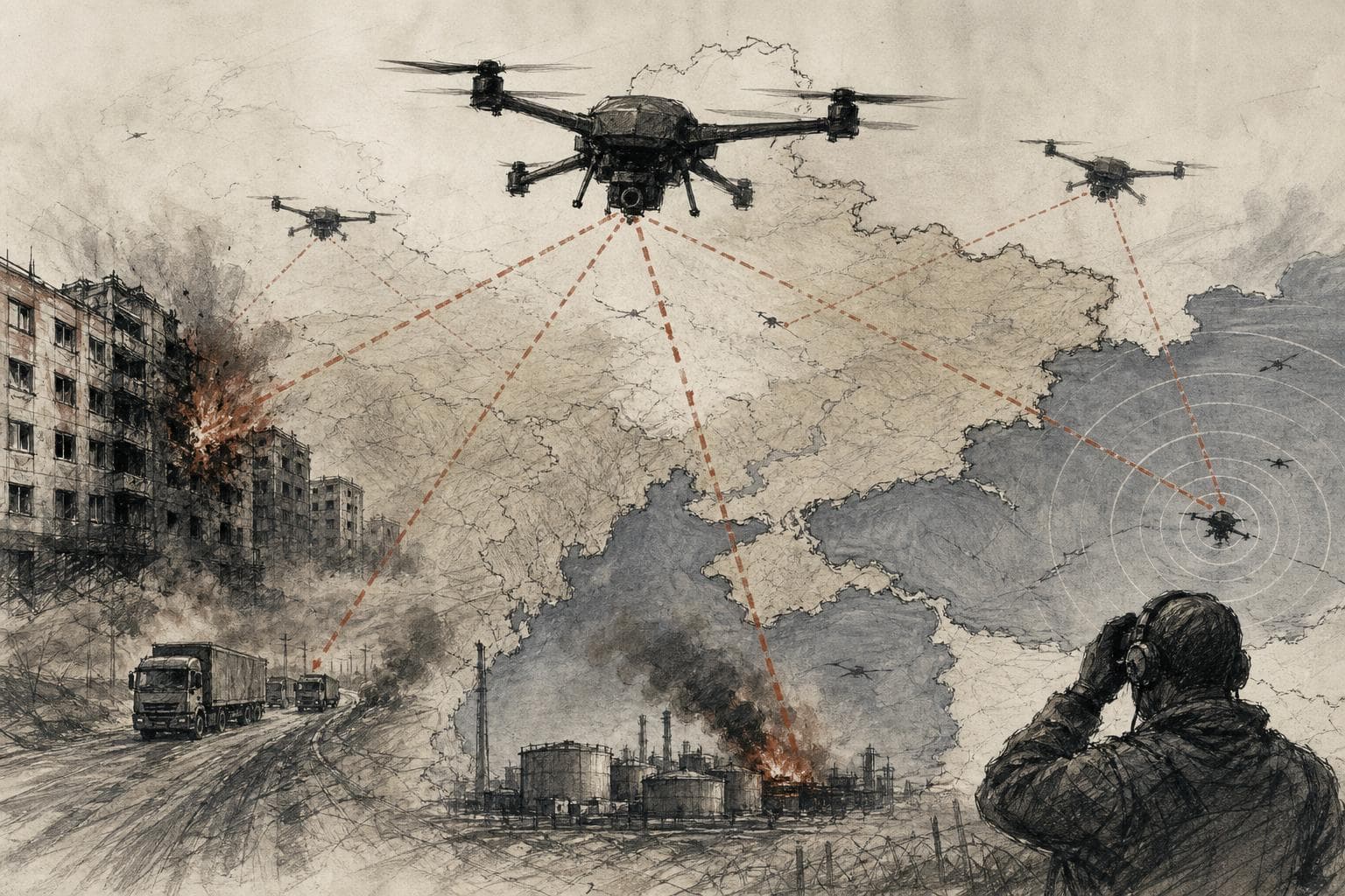 Editorial illustration for Drones Are Moving the Ukraine War Into Everyone’s Blind Spot