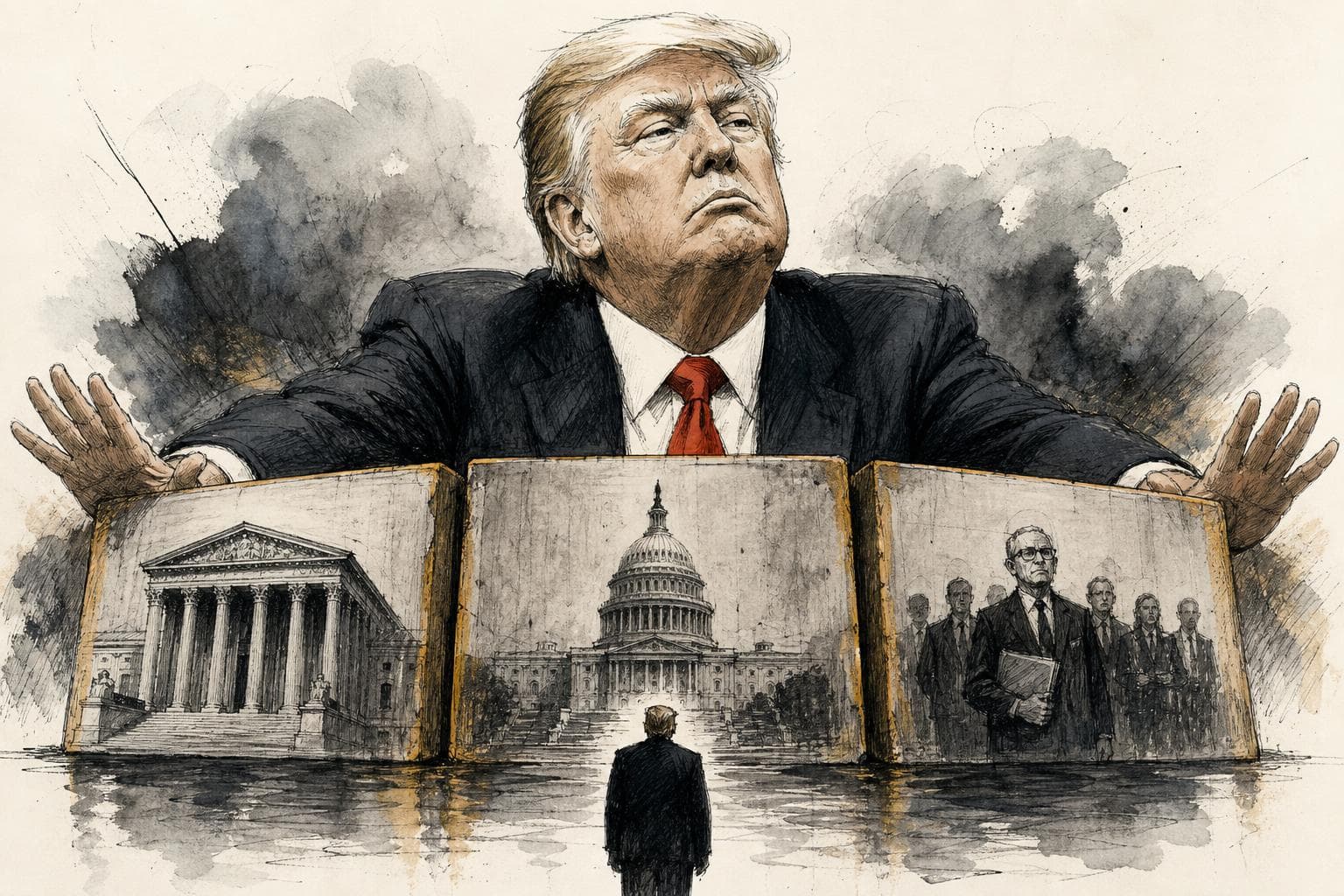 Editorial illustration for Trump’s Power Stops at Money, Votes, and Fear