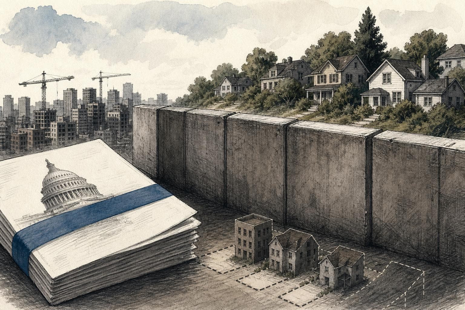 Editorial illustration for Washington’s Housing Bill Runs Into the Zoning Wall